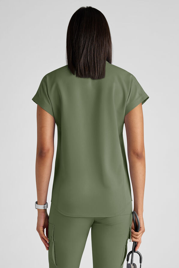 ReSurge Rhine Women's 5-Pocket Oversized Half Zip Stand Collar Scrub Top - Light Olive - 3