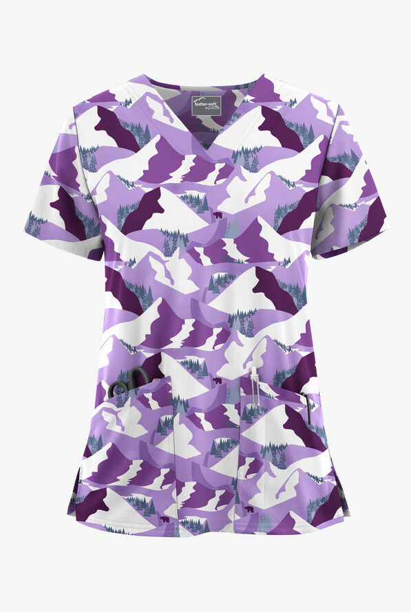 Butter-Soft STRETCH Vail Valley Eggplant Women's 2-Pocket V-Neck Print Scrub Top - null - 1