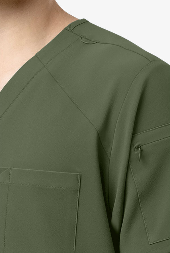 Wink Renew Men's 2-Pocket STRETCH EZ Zip V-Neck Scrub Top - Olive - 3