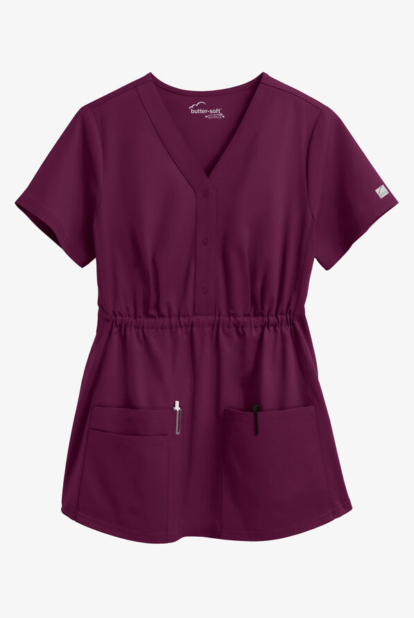 Butter-Soft STRETCH Women's 3-Pocket Knit Panel Maternity Scrub Top - Wine - 1