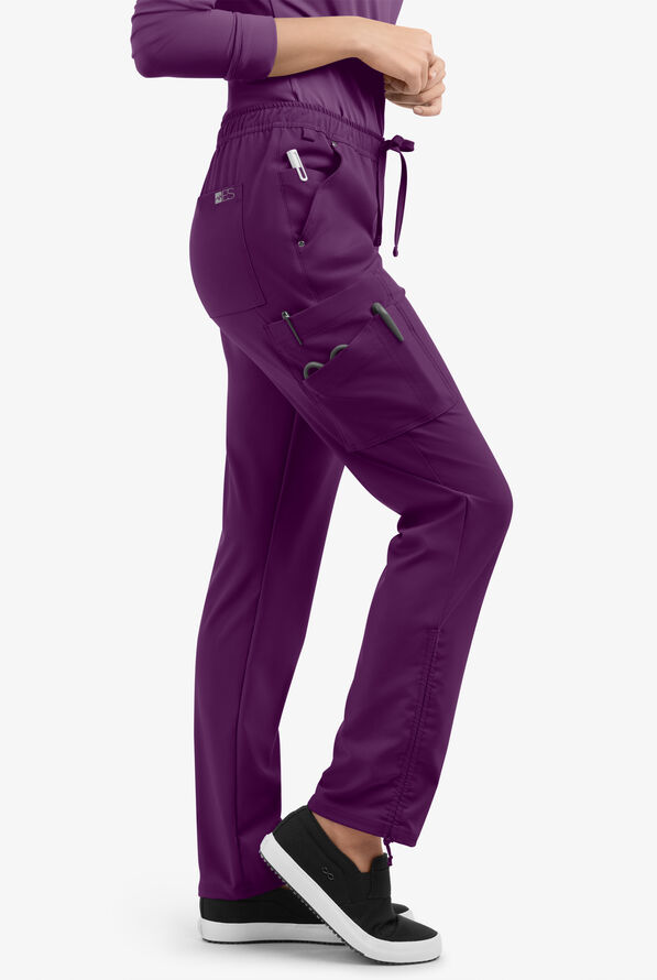 Easy STRETCH Halle Women's 11-Pocket Ruched Leg Jogger Scrub Pants - Petite - Eggplant - 2