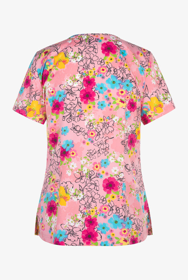 koi Basics Twilight Camellia Floral Women's 2-Pocket STRETCH V-Neck Print Scrub Top - null - 2
