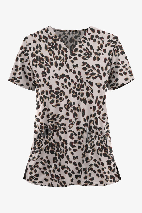 Easy STRETCH Modern Cheetah Mocha Meringue Women's 2-Pocket V-Neck Print Scrub Top - null - 1