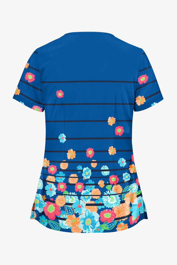 Butter-Soft Dresden Daisies Royal Women's 2-Pocket with Angled Welts V-Neck Print Scrub Top - null - 2