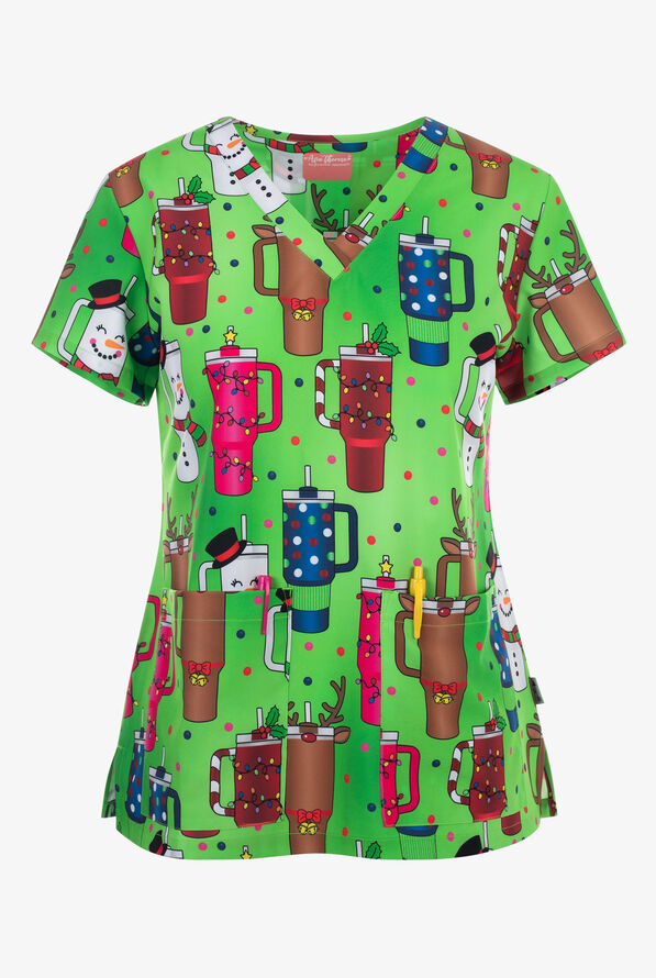 Zavate Ava Therese Drink Up Women's 2-Pocket STRETCH V-Neck Print Scrub Top - null - 1