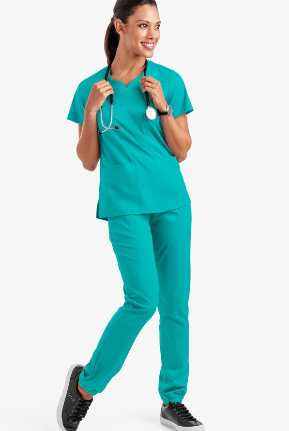 Butter-Soft STRETCH Women's 4-Pocket Sweetheart Neck Scrub Top - Bright Teal - 2