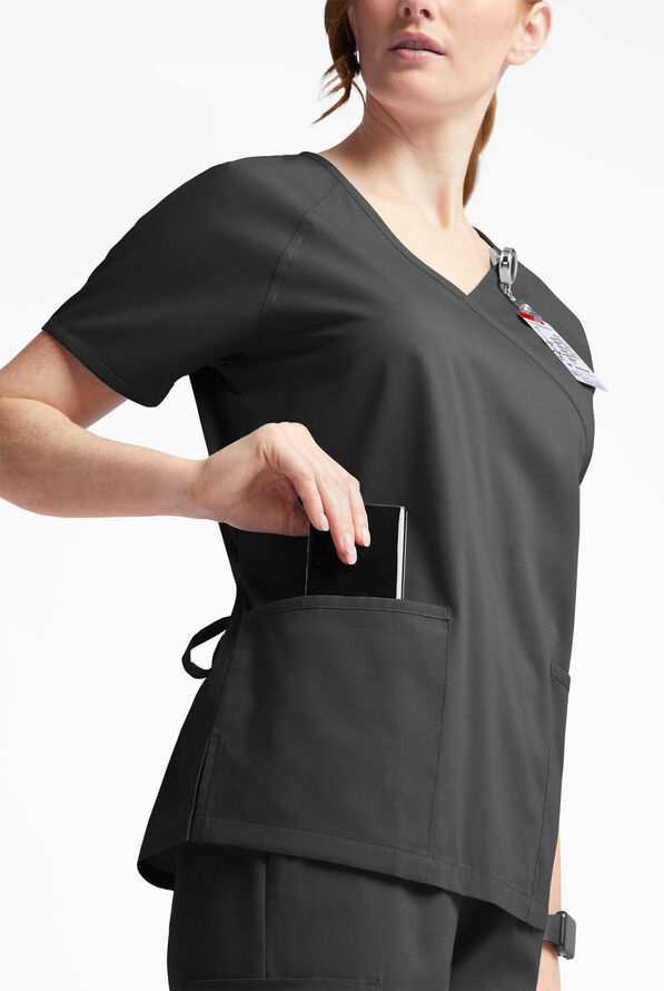 Butter-Soft Originals Women's 3-Pocket Mock Wrap Scrub Top - Black - 4