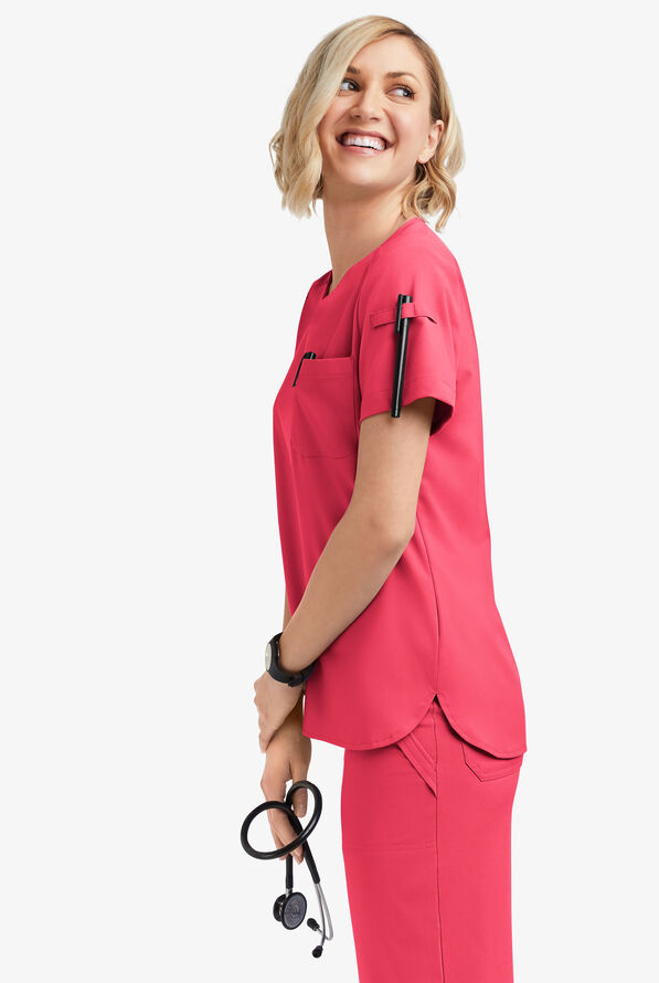 Easy STRETCH Nikki Women's 1-Pocket Scallop Neck Tuck-In Scrub Top - Bright Watermelon - 2