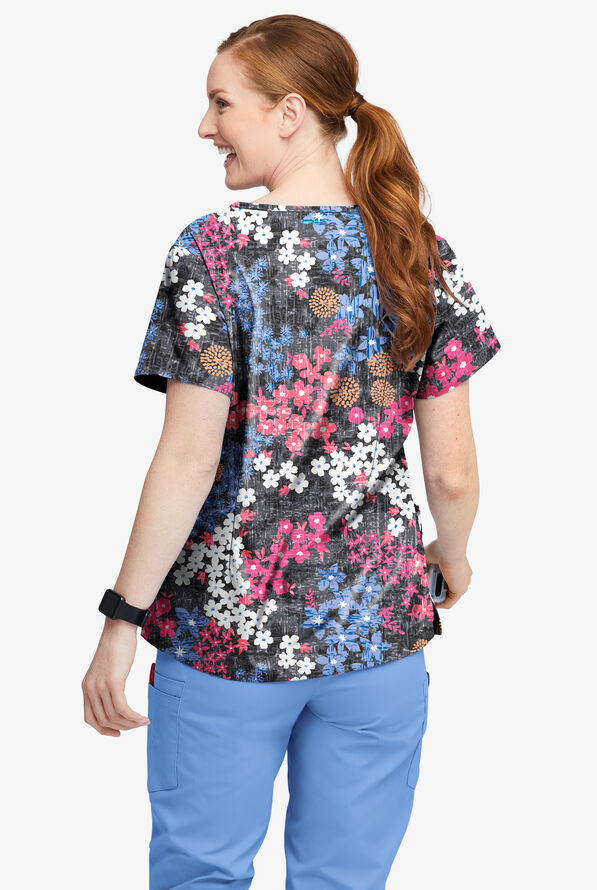 Tafford Active STRETCH Izmir Floral Pewter Women's 4-Pocket V Notch-Neck Print Scrub Top - null - 2