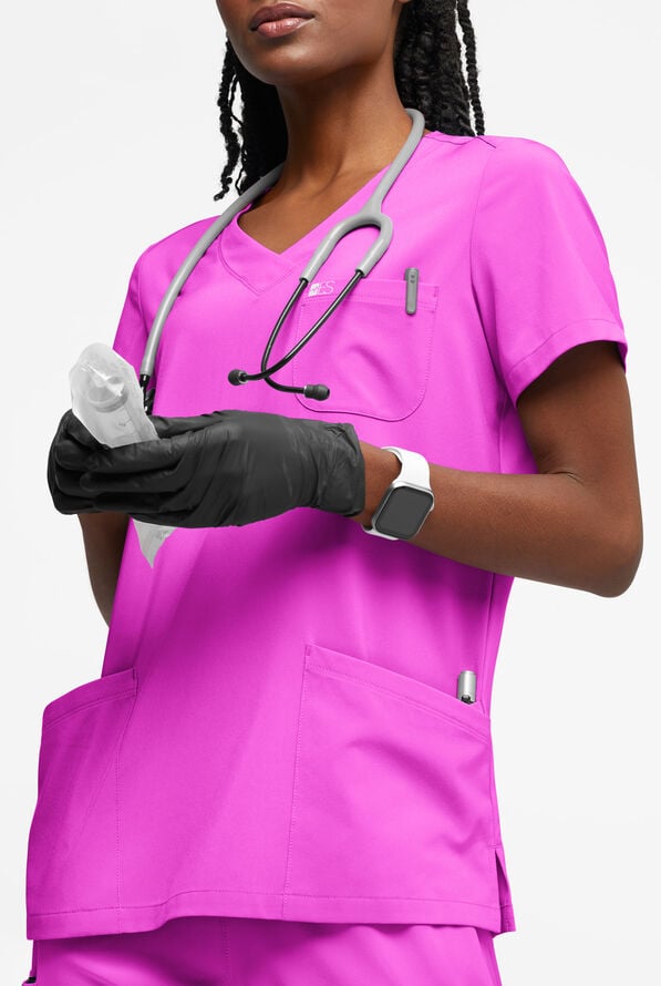 Easy STRETCH Tessa Women's 5-Pocket V-Neck Scrub Top - Electric Fuchsia - 2