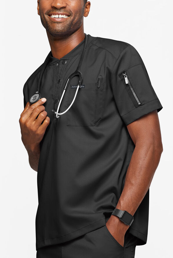 Advantage STRETCH Men's 2-Pocket Short Sleeve Henley Scrub Top - Black - 2