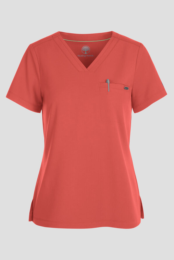 Healing Hands Quest Women's 1-Pocket STRETCH Tuck In V-Neck Scrub Top - Warm Sunrise - 1