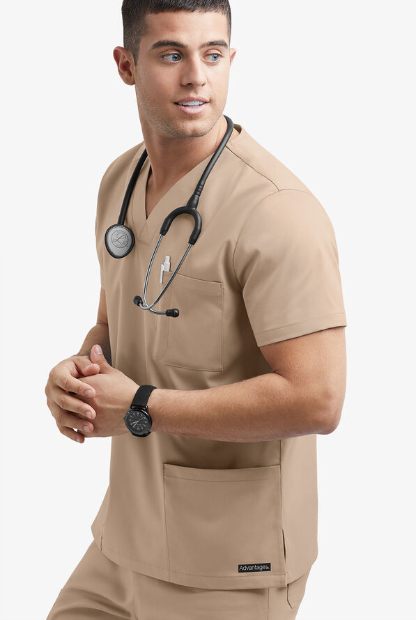 Advantage STRETCH Men's 6-Pocket V-Neck Scrub Top - Iced Latte - 2