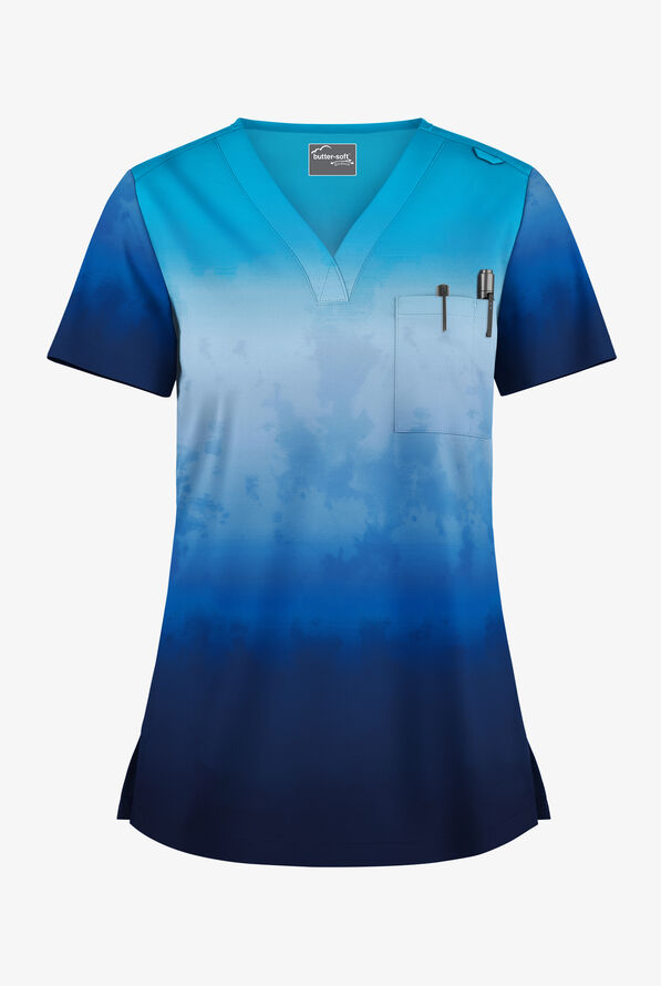 Butter-Soft STRETCH Ombre Gradient Navy Women's 1-Pocket Tuck-In V-Neck Print Scrub Top - null - 1