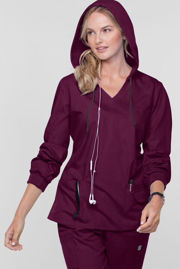 Jersey m&eacute;dico con capucha Butter-Soft Core by UA&trade; con 4 bolsillos para mujer - Wine - 3