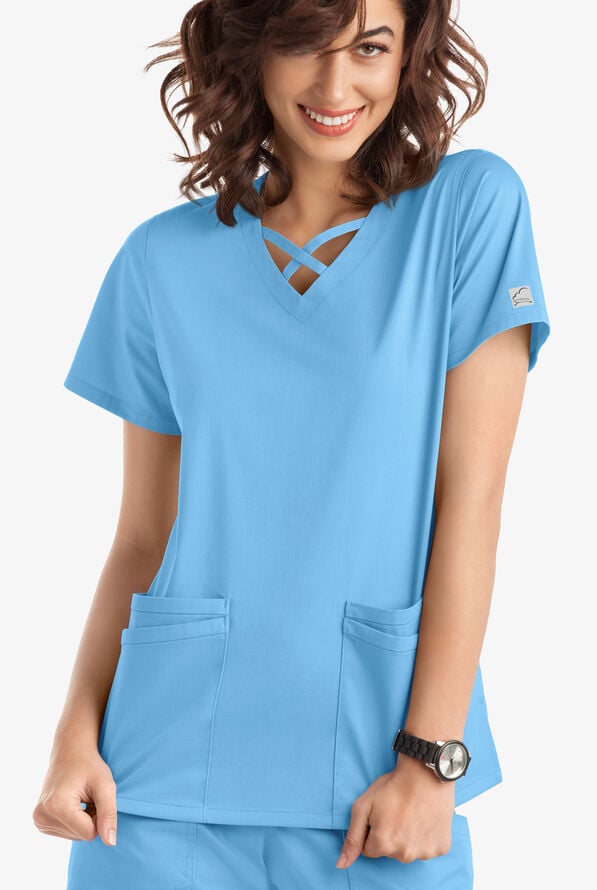 Blusa m&eacute;dica UA Butter-Soft STRETCH con lazos entrecruzados y 4 bolsillos para mujer - Blue Oasis - 2