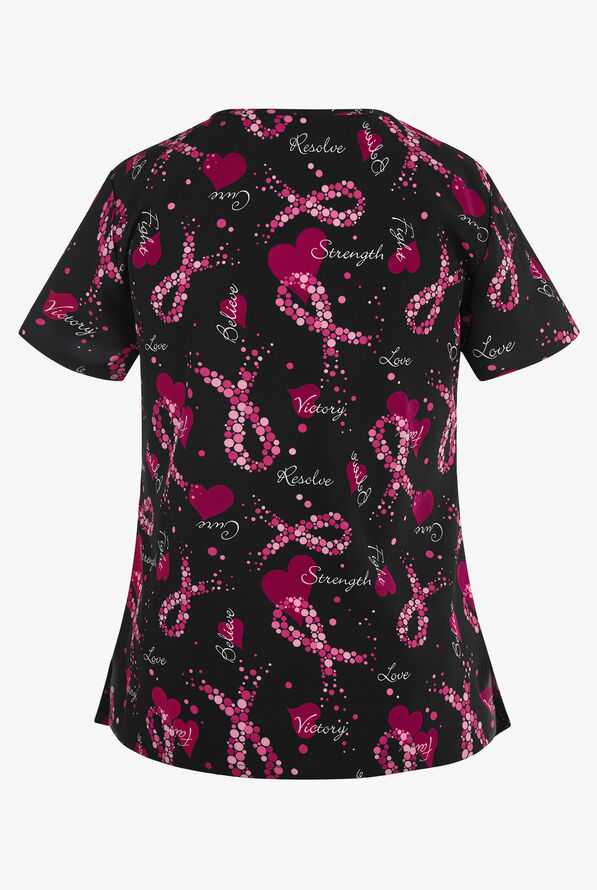 Green Town Hope and Love Breast Cancer Ribbon Women's 3-Pocket V-Neck Print Scrub Top - null - 2