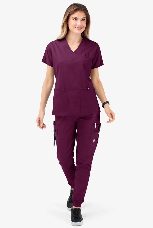 Butter-Soft STRETCH Women's 6-Pocket V-Neck Scrub Top - Wine - 2