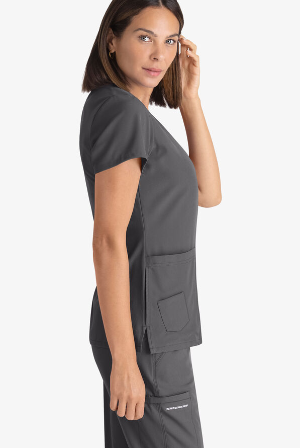 Skechers by Barco Focus Women's 6-Pocket STRETCH Crossover V-Neck Scrub Top - Pewter - 6