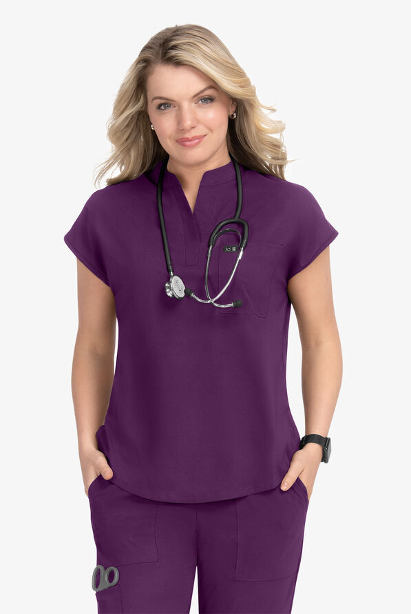 koi Basics Ari Women's 1-Pocket STRETCH Dolman Sleeve Mandarin Collar Scrub Top - Eggplant - 2