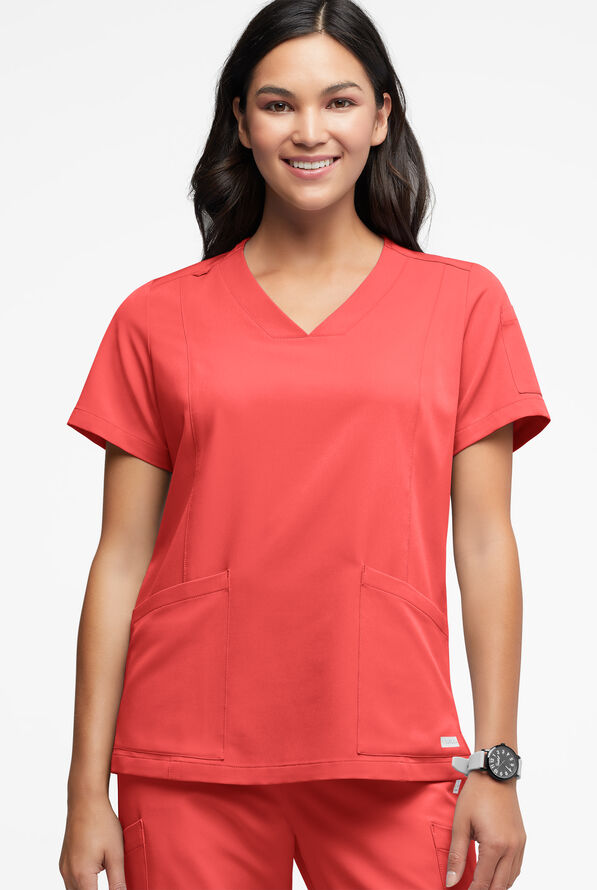 ReSurge Ruby Women's 5-Pocket Curved V-Neck Top - Sunset Rose - 1