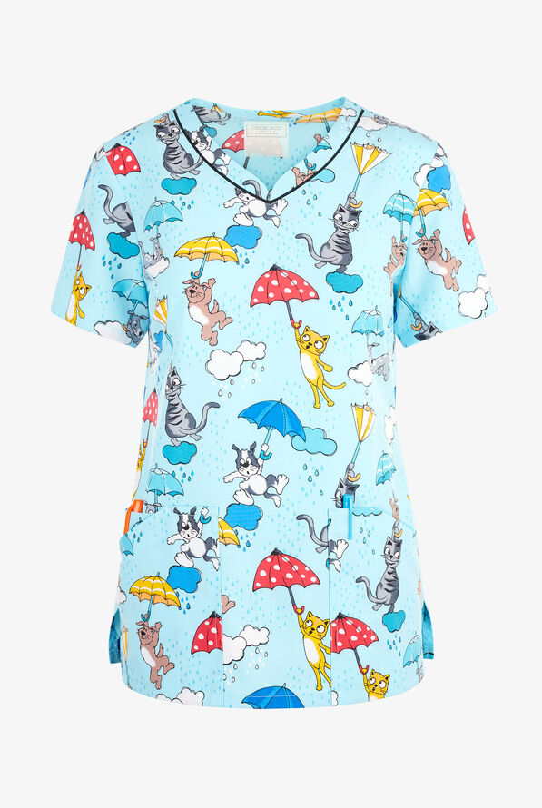 Cherokee Rainy Day Paws Women's 3-Pocket STRETCH V-Neck Print