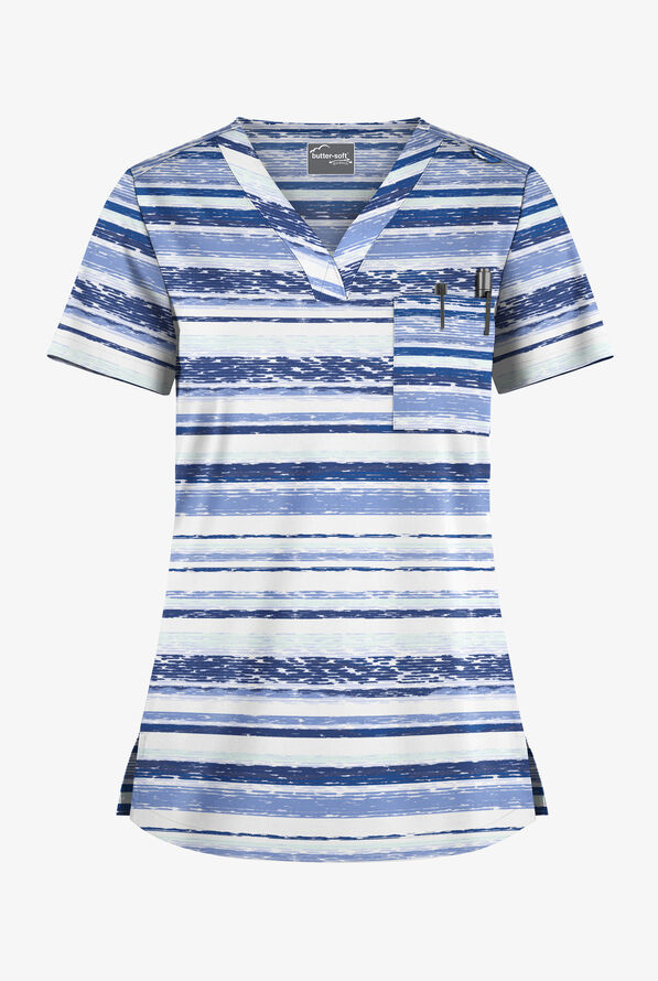 Butter-Soft STRETCH Shockwave Artic Blue Women's 1-Pocket Tuck-In V-Neck Print Scrub Top - null - 1
