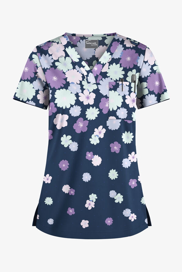 Butter-Soft STRETCH Floating Flowers Navy Women's 1-Pocket Tuck-In V-Neck Print Scrub Top - null - 1