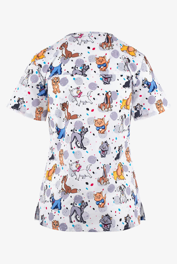 Tooniforms Cats and Dogs Aristocats Women's 2-Pocket STRETCH V-Neck Print Scrub Top - null - 2