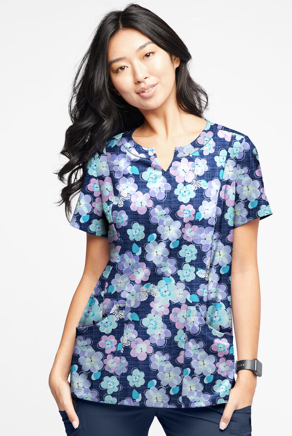 Butter-Soft STRETCH Blooms And Butterflies Navy Women’s 4-Pocket Notch-Neck Print Scrub Top - null - 2