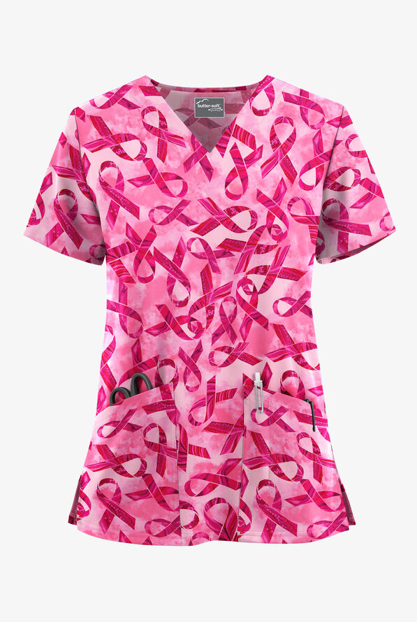 Butter-Soft STRETCH Pink Courage Fuchsia Women's 2-Pocket V-Neck Print Scrub Top - null - 1