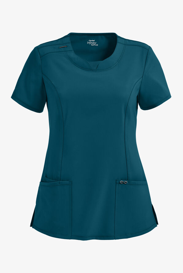 Infinity Women's 3-Pocket STRETCH Round Neck Scrub Top - Caribbean Blue - 1