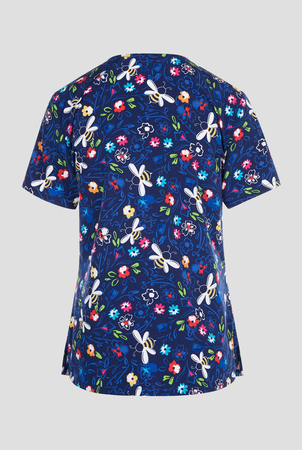 Blusa médica estampada Cherokee Bumble Bee Bloom STRETCH con cuello en V y 2 bolsillos para mujer - null - 2