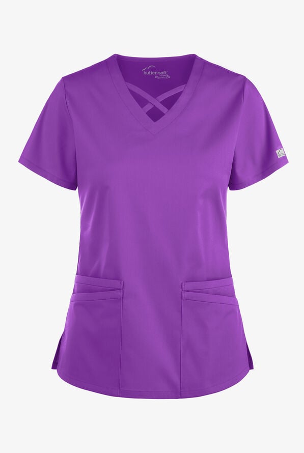 Blusa m&eacute;dica UA Butter-Soft STRETCH con lazos entrecruzados y 4 bolsillos para mujer - Wild Plum - 1