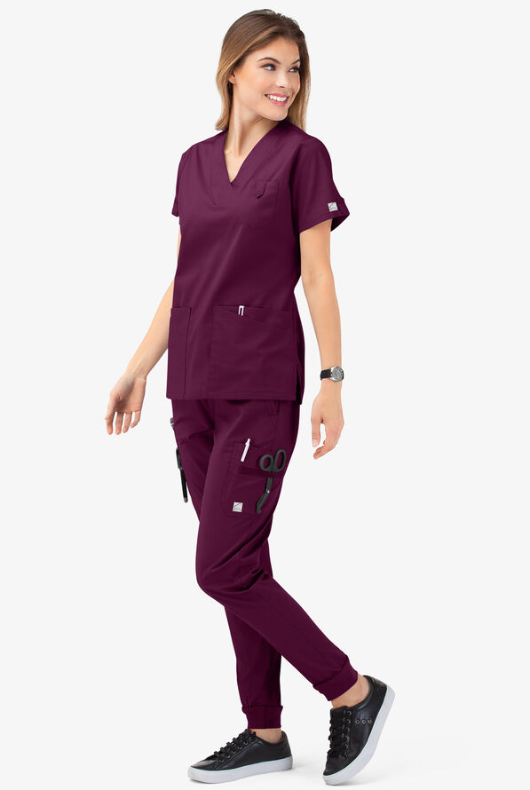 Butter-Soft STRETCH Women's 6-Pocket V-Neck Scrub Top - Wine - 7
