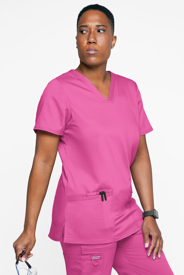 Cherokee Workwear Revolution Women's 3-Pocket STRETCH V-Neck Scrub Top - Sweet Berry - 2