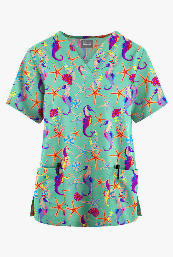 Butter-Soft Originals Seahorse Fantasy Aqua Dust Women's 2-Pocket V-Neck Print Scrub Top - null - 1