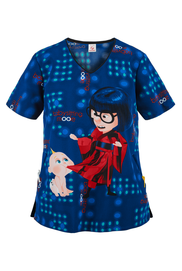 Cherokee Tooniforms Disney Pixar Babysitting Mode Women's 2-Pocket V-Neck Print Scrub Top - null - 1