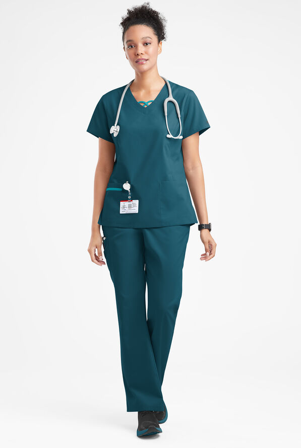 Butter-Soft Originals Women's 3-Pocket Crisscross Contrast V-Neck Scrub Top - Caribbean Blue/Teal - 4