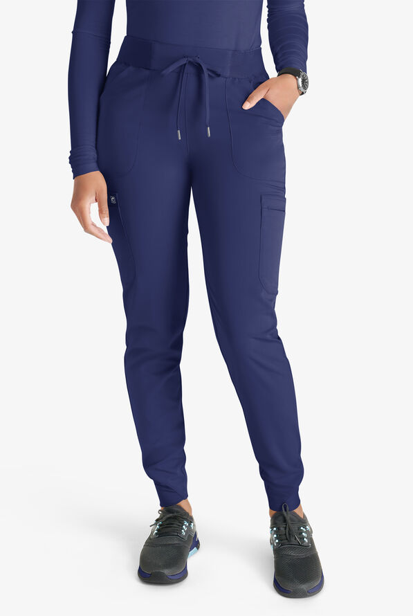 Cherokee Atmos Women's 4-Pocket STRETCH Coolmax Drawstring Cargo Half Jogger Scrub Pants - Navy - 1