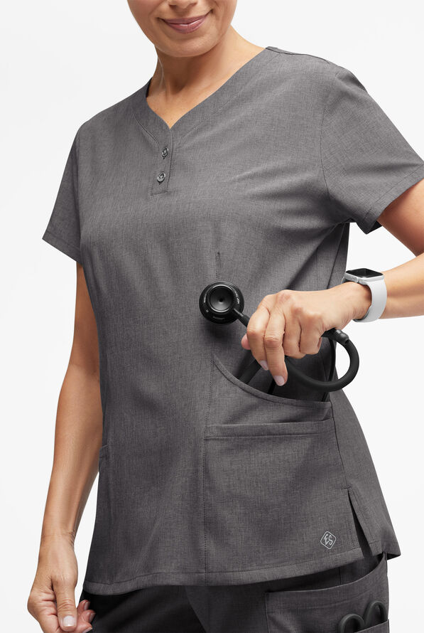 Easy STRETCH Demi Women's 4-Pocket Henley Scrub Top - Graphite Heather - 2