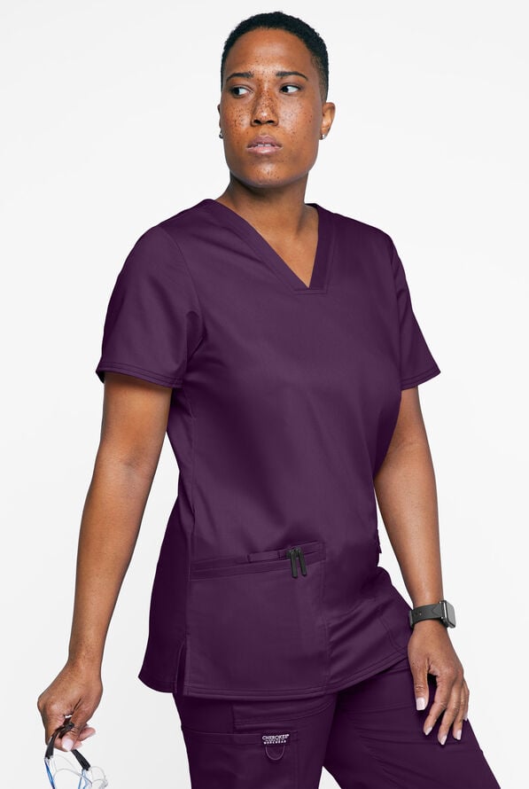 Cherokee Workwear Revolution Women's 3-Pocket STRETCH V-Neck Scrub Top - Eggplant - 2