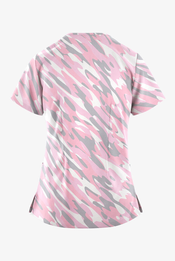 Easy STRETCH Camo Waves Pink Peony Women's 2-Pocket V-Neck Print Scrub Top - null - 2