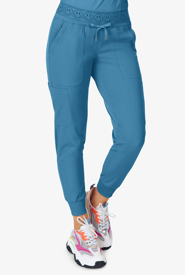 Zavate Ava Therese Women's 6-Pocket STRETCH Smile Face Elastic Waistband Cargo Jogger Scrub Pants - Petite - Blue Shadow - 1