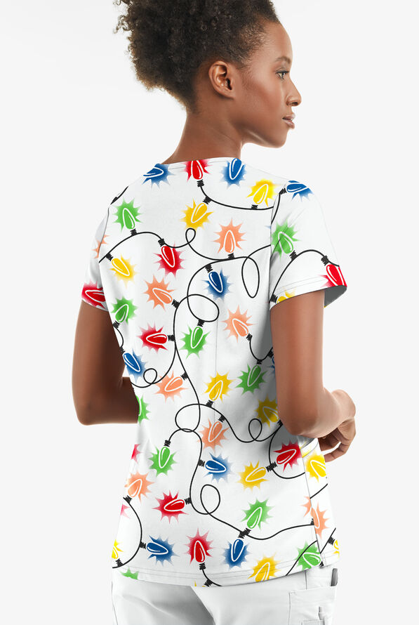 Butter-Soft Fairy Lights Women's 2-Pocket Angled Welt V-Neck Print Scrub Top - null - 3