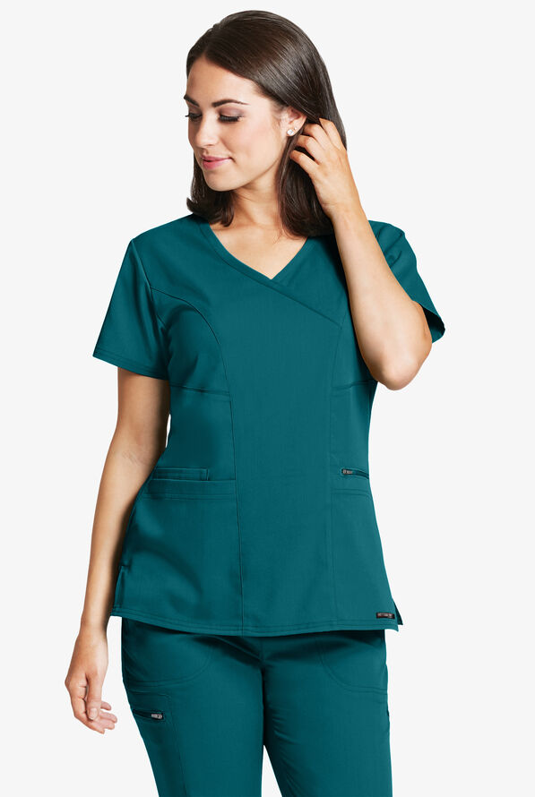 Grey's Anatomy by Barco Spandex STRETCH Kim Women's 3-Pocket Mock Wrap Scrub Top - Bahama Blue - 2