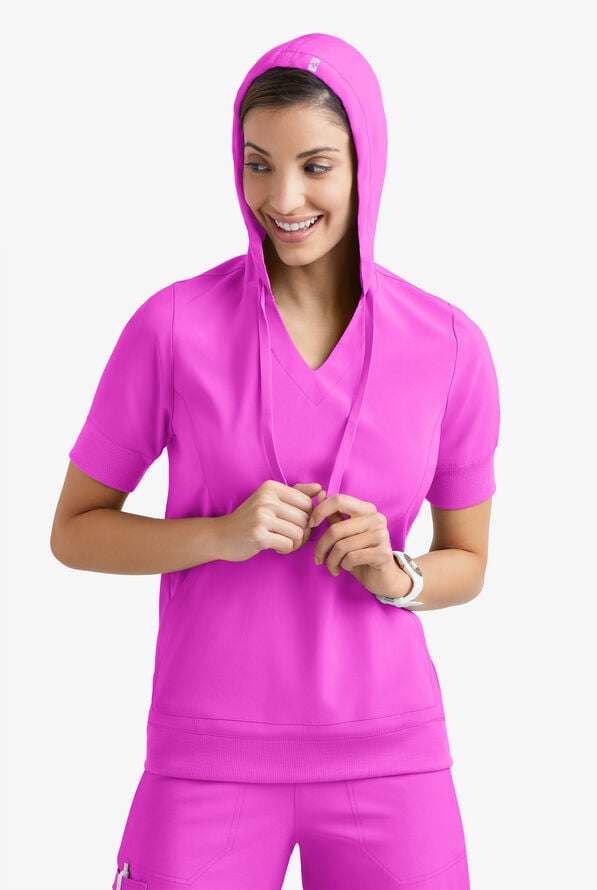Easy STRETCH True Women's 3-Pocket Short Sleeve Pull-Over Scrub Hoodie - Electric Fuchsia - 3