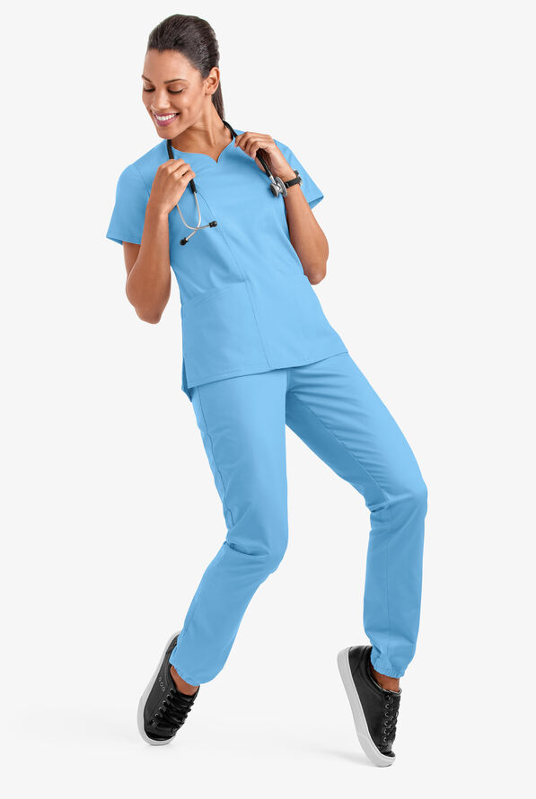 Butter-Soft STRETCH Women's 4-Pocket Sweetheart Neck Scrub Top - Blue Oasis - 3