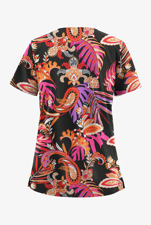 Butter-Soft STRETCH Tropical Paisley Women's 2-Pocket V-Neck Print Scrub Top - null - 2