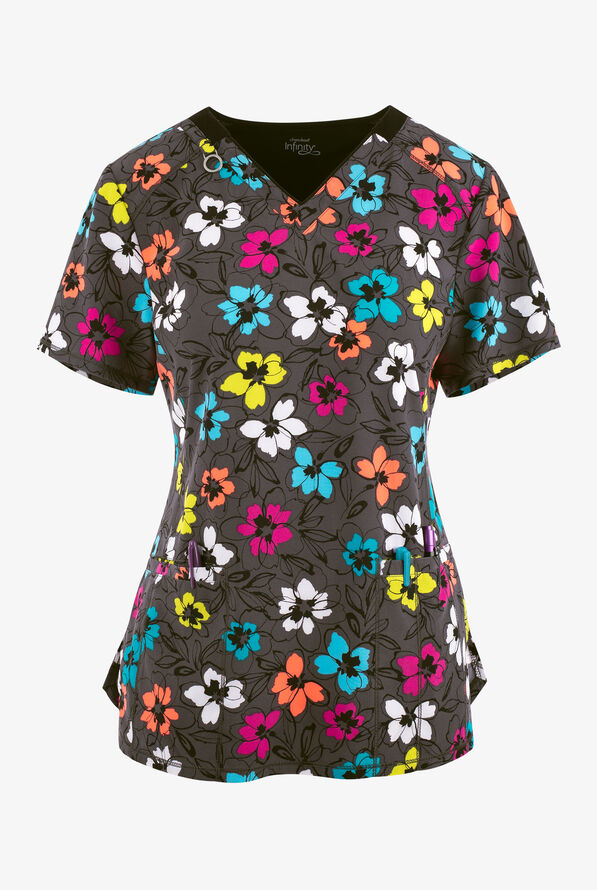 Cherokee Infinity Glow Floral It Women's Print Scrub Top, Floral Scrub